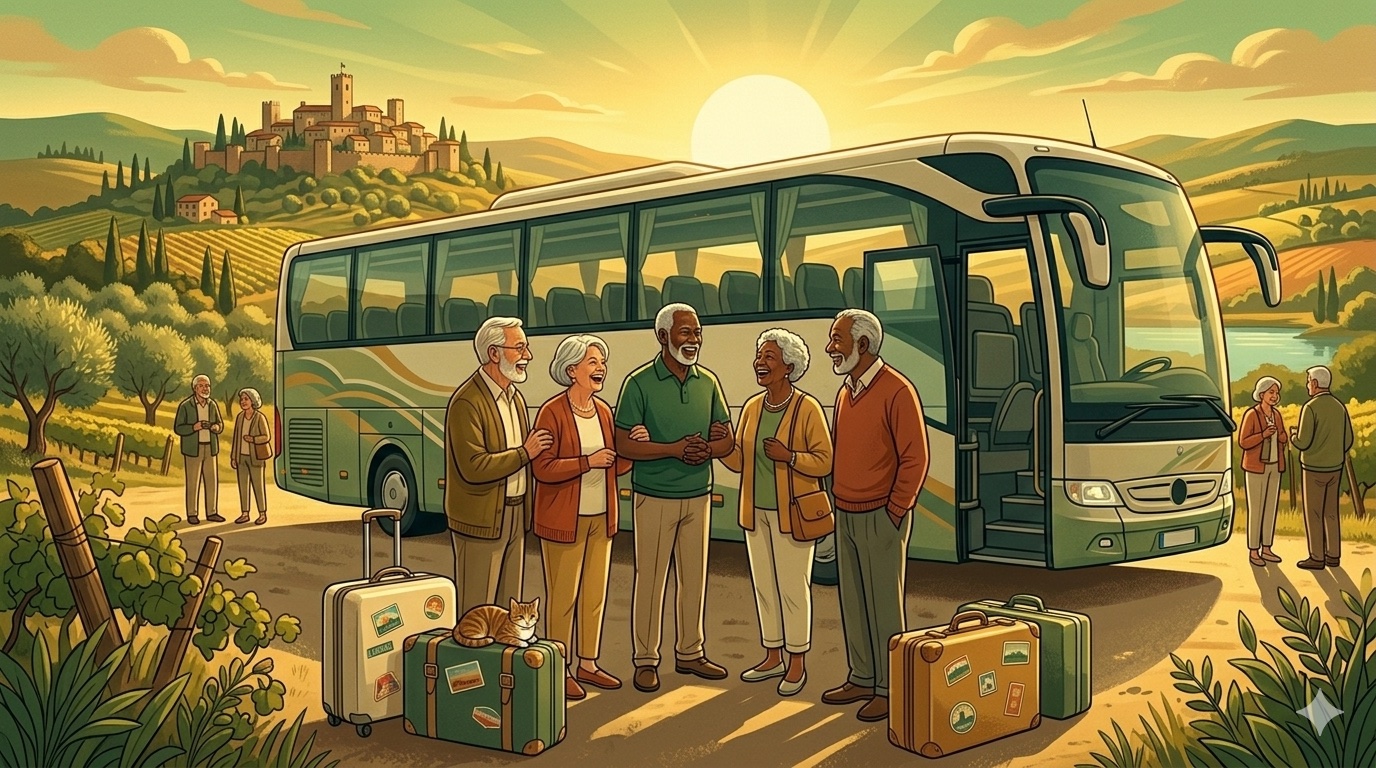 Froehliche Gruppe aelterer Menschen vor einem Reisebus