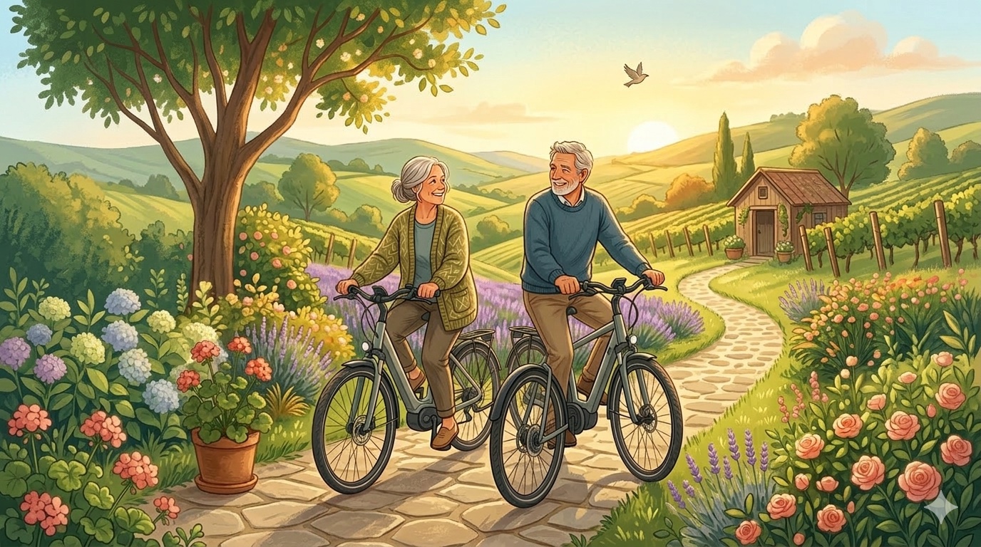 Aelteres Paar faehrt mit E-Bikes durch gruene Landschaft