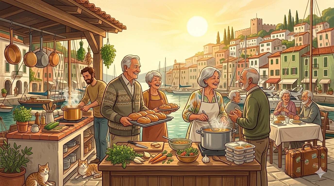 Aeltere Person hilft froehlich in der Gemeinschaftskueche