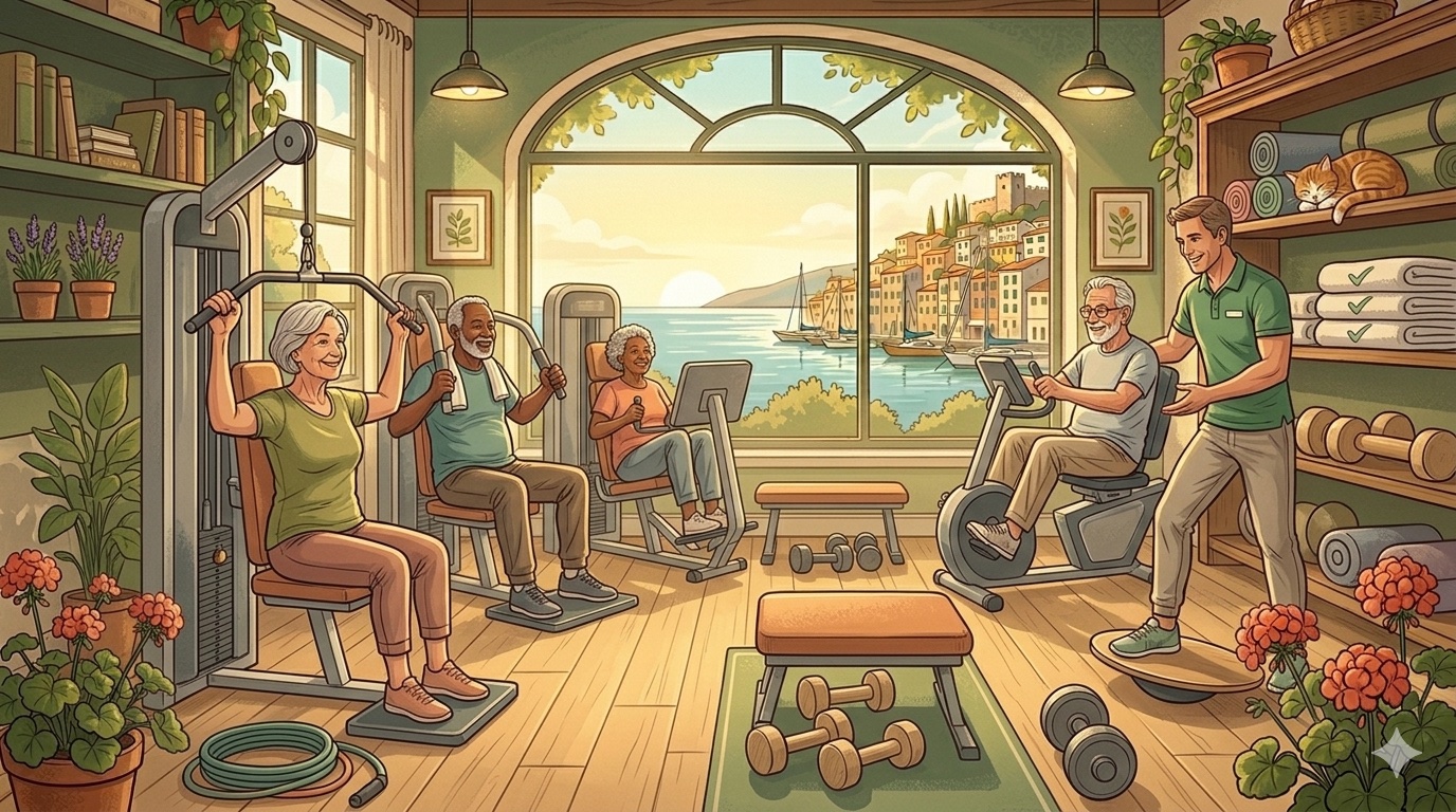 Aeltere Menschen an Geraeten in einem hellen Fitnessstudio