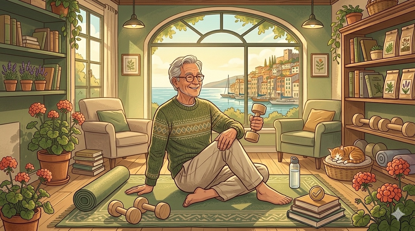 Aeltere Person beim Yoga und Stretching im Wohnzimmer