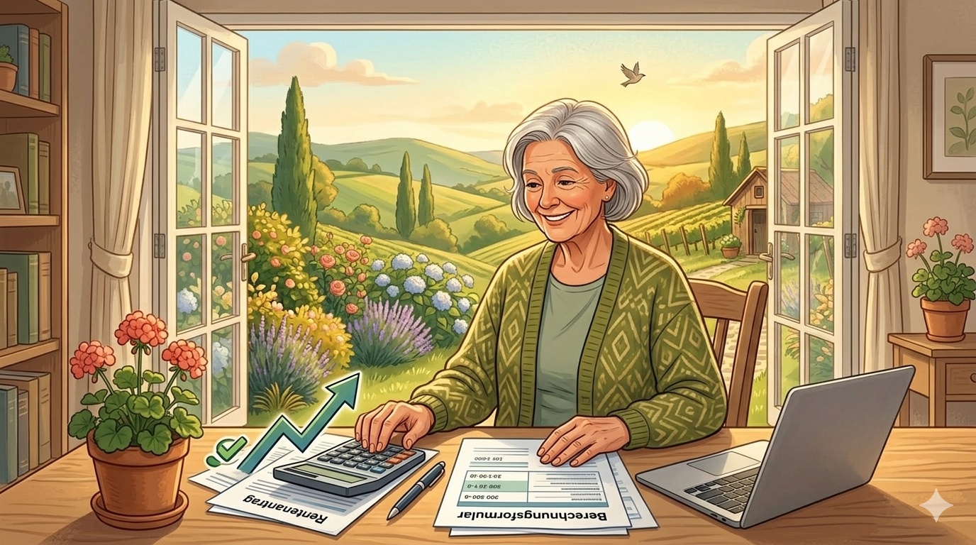 Aeltere Person am Schreibtisch mit Dokumenten und Taschenrechner