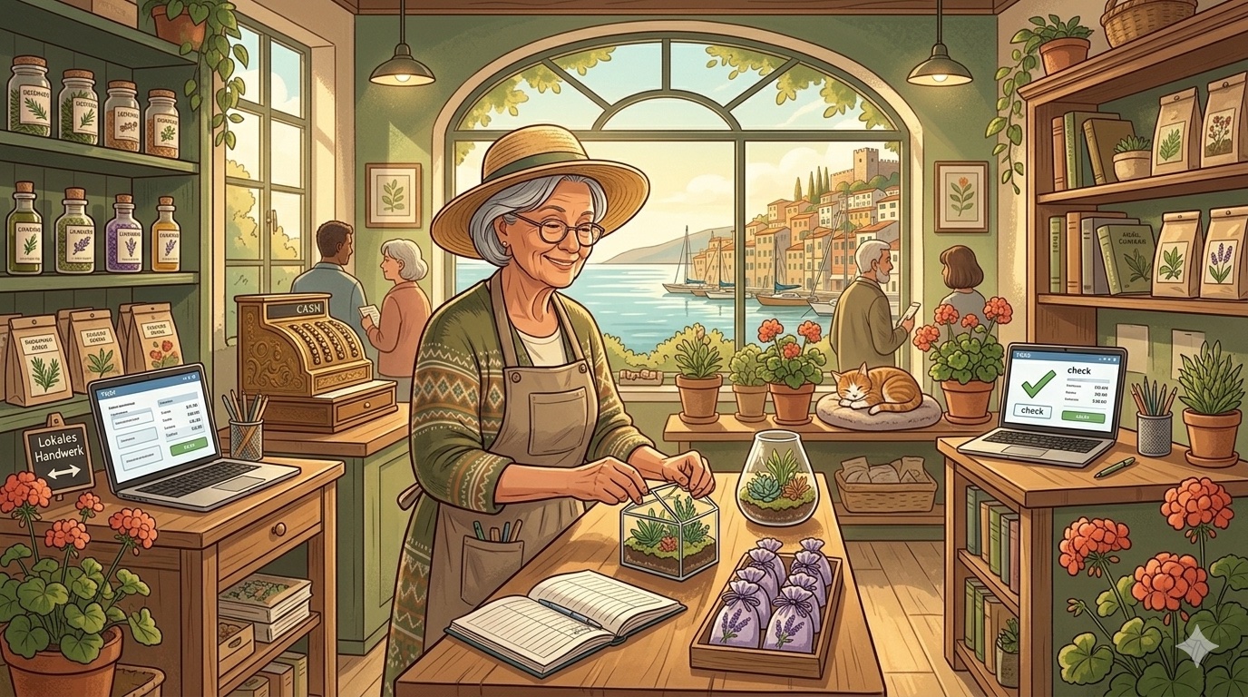 Aeltere Person arbeitet zufrieden in einem kleinen Laden