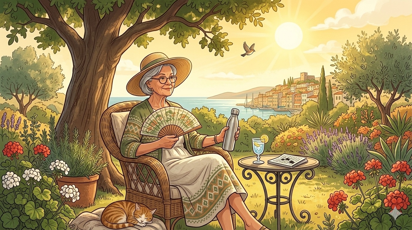 Aeltere Person im Schatten mit Sonnenhut und Wasserflasche