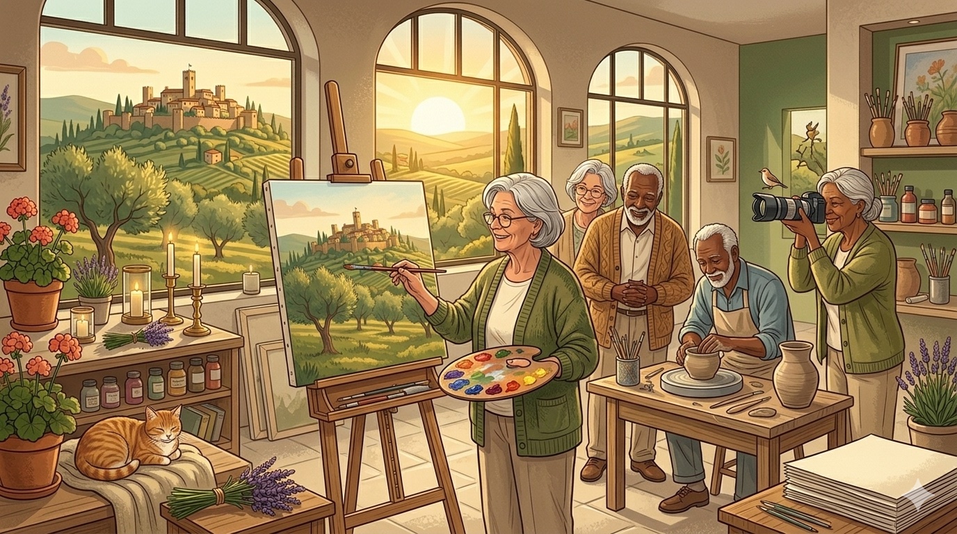 Aeltere Person an einer Staffelei beim Malen mit bunten Farben