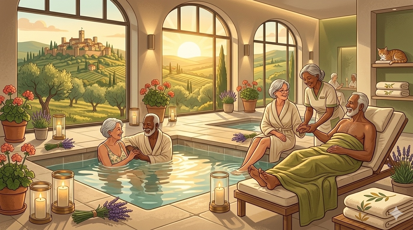 Entspannte aeltere Person in einem Thermalbad