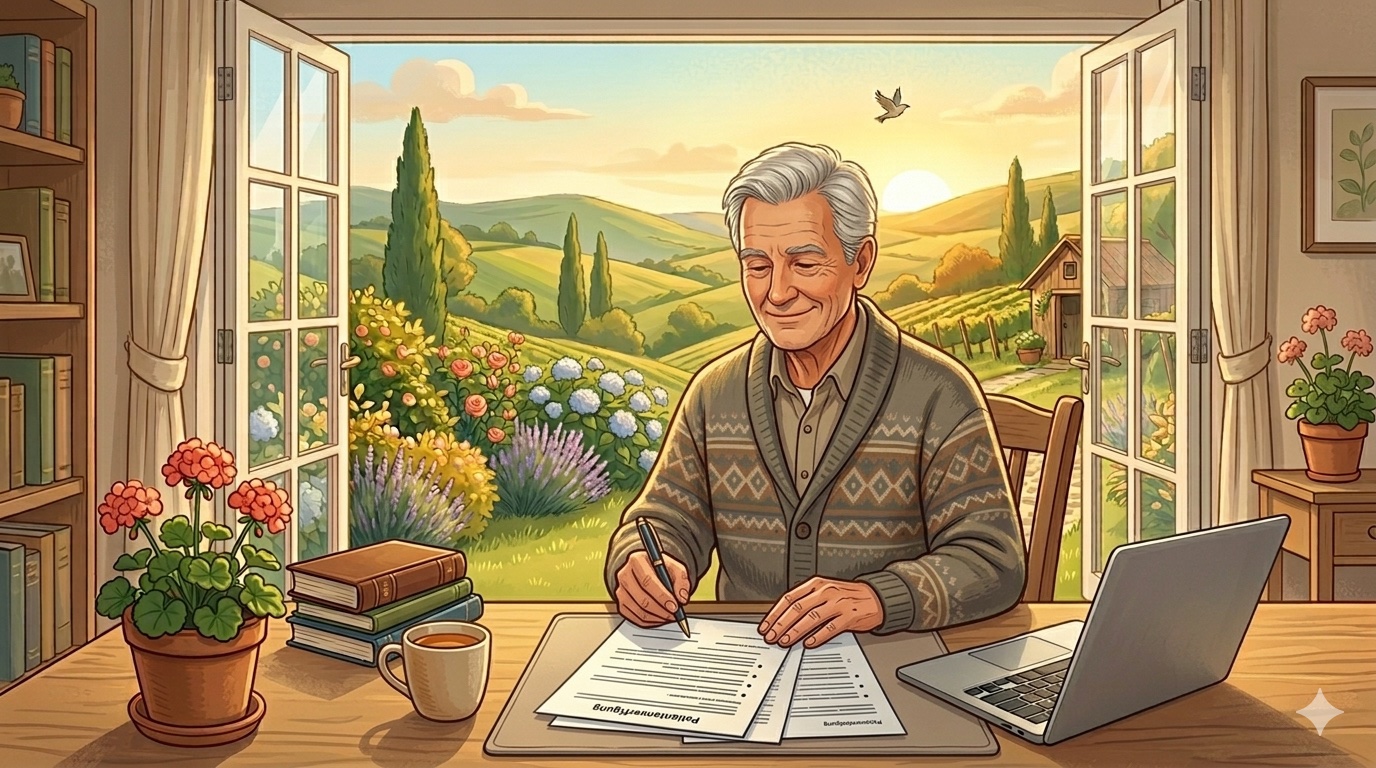 Aeltere Person fuellt konzentriert ein wichtiges Dokument aus