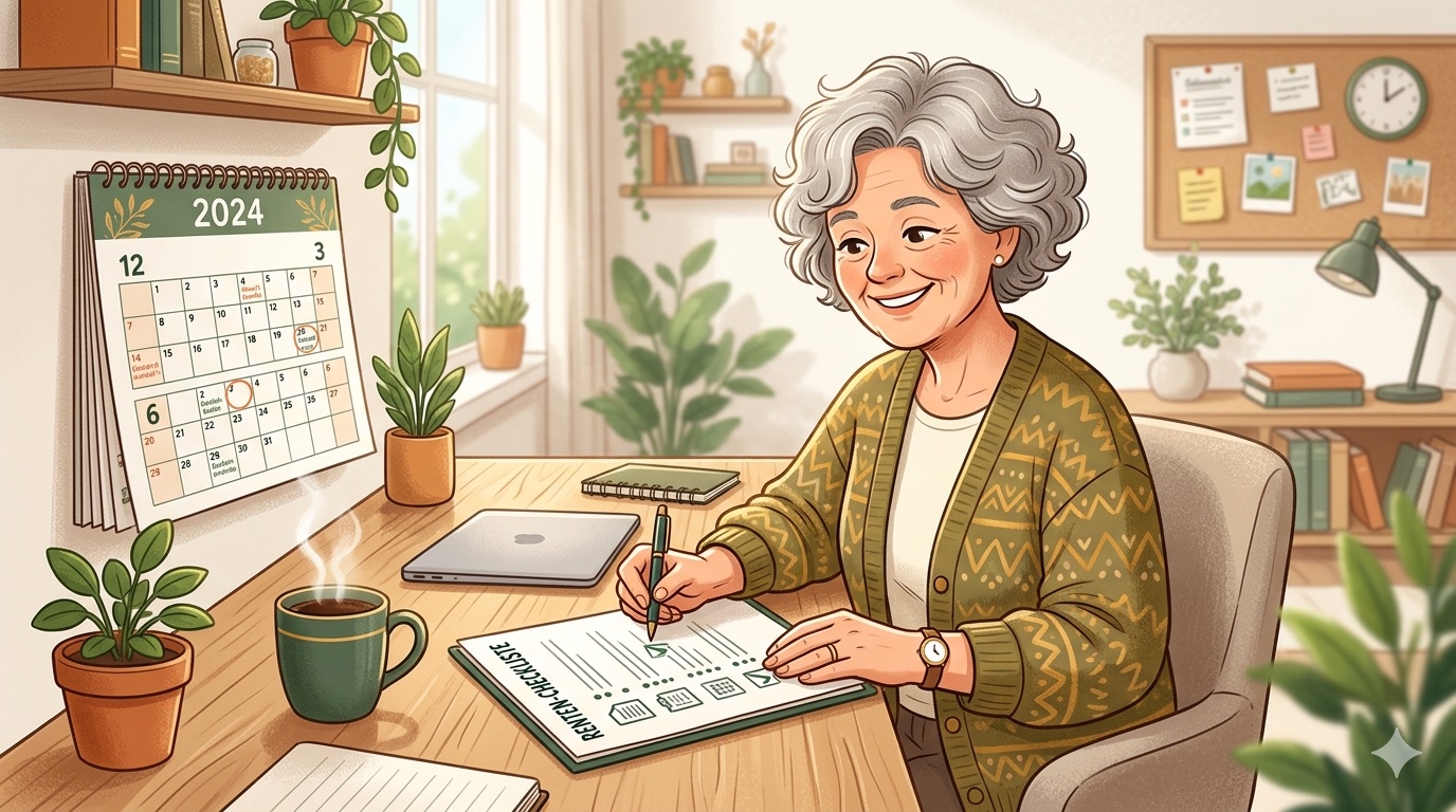 Freundliche Person am Schreibtisch mit Renten-Checkliste und Kalender