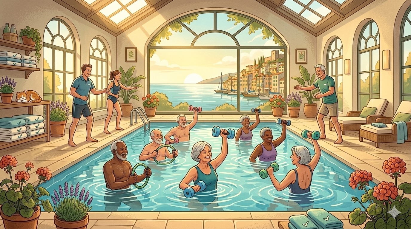 Aeltere Menschen bei froehlicher Wassergymnastik im Schwimmbad