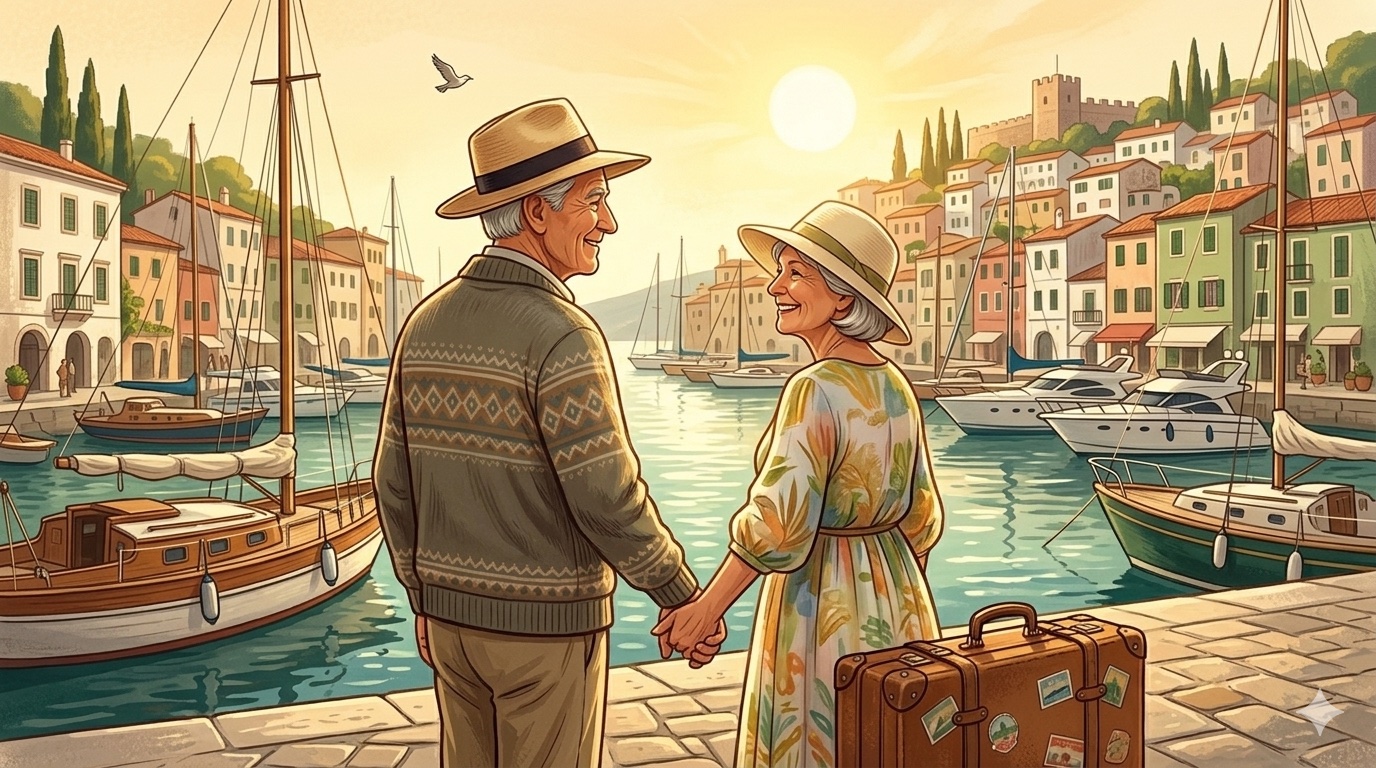 Aelteres Paar mit Sonnenhut und Koffer an einem mediterranen Hafen