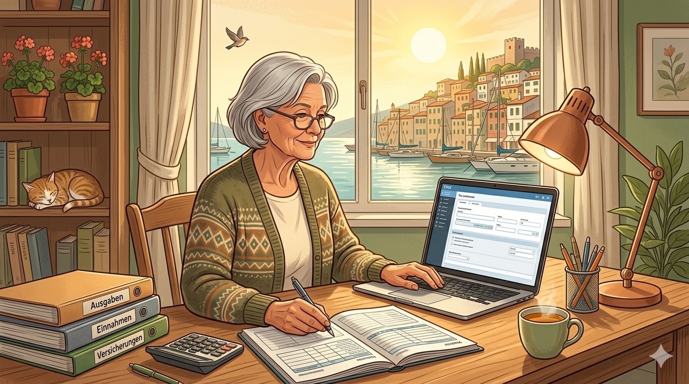 Aeltere Person am Laptop mit Steuerunterlagen